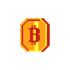 Poster - Bitcoin sign pixel art icon for internet money. Crypto currency golden coin bitcoin symbol. Isolated vector illustration. 8-bit. Game assets.