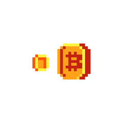 Poster - Bitcoin sign pixel art icon for internet money. Crypto currency golden coin bitcoin symbol. Isolated vector illustration. 8-bit. Game assets.