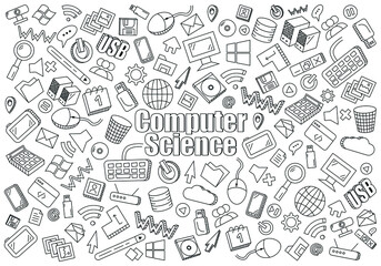 Vector line art Doodle set of objects and symbols on the theme of computer science