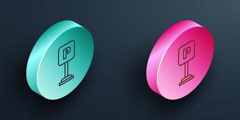 Sticker - Isometric line Parking icon isolated on black background. Street road sign. Turquoise and pink circle button. Vector