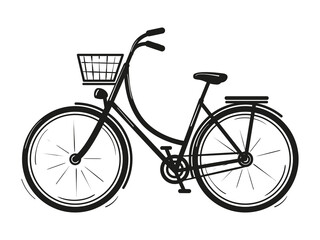 A female, urban bike with a basket on the front. The style of the sign, the icon. Vector, isolated, black color on a white background.