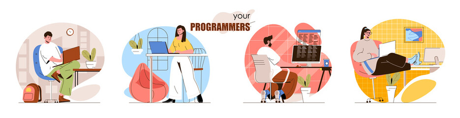 Poster - Programmers concept scenes set. Developers coding, create software or applications, testing products, work on project. Collection of people activities. Vector illustration of characters in flat design