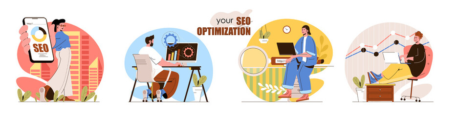 Poster - seo optimization concept scenes set. search settings, data analysis, increase traffic, marketing, on