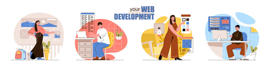 web development concept scenes set. developers create site layouts, interface, fill web pages with c