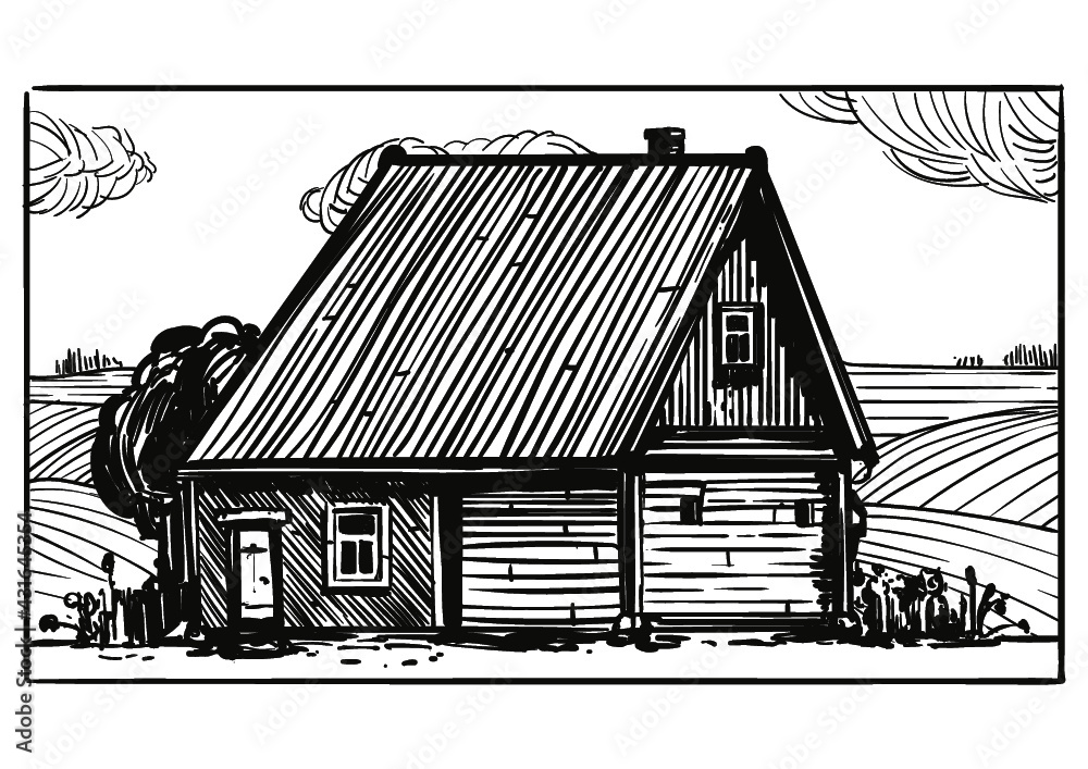 House in countryside engraving style illustration. Vintage style. Vector. - obrazy, fototapety, plakaty 