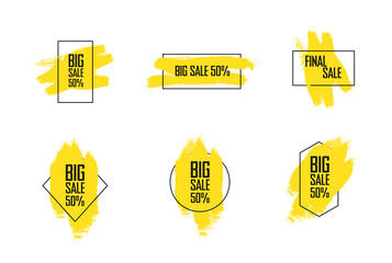 Fototapete - Big sale tags set with yellow brush strokes isolated on white background