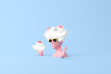 Poster - Mock up of gift box with white clouds on pink human sculpture, 3d rendering.