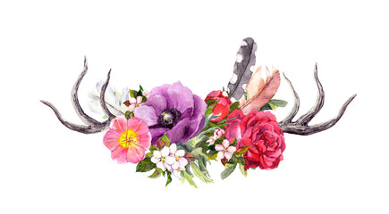 Wall Mural - Deer horns with flowers, feathers. Watercolor in boho style