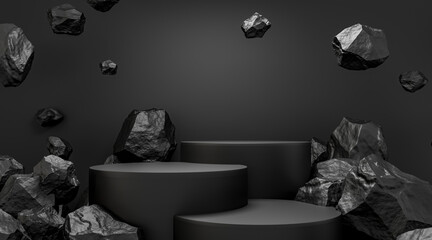 Stone and Rock shape 3d render illustration. Round podium, pedestal for brand product exhibition. Solid dark black color. Mockup template for ads design. 