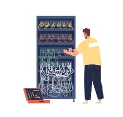 Aufkleber - Sysadmin maintaining or repairing server. Technical engineer adjusting network. System administration and maintenance. Colored flat vector illustration of repairman isolated on white background