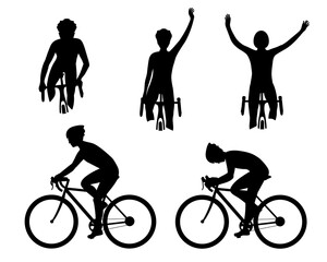 Cyclist silhouette in action set. Biker on a bicycle race from the side, front. Competition, victory in sports. Collection of vector illustrations isolated on white background