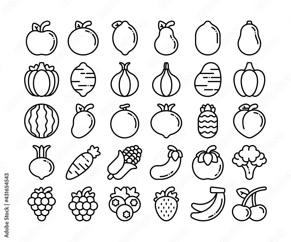 Simple set of 30 fruit and vegetables icons in detailed outline style.  Stock Vector | Adobe Stock, image size:1000x833