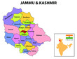 Jammu and Kashmir map. District map of Jammu and Kashmir in 2020. District map of Jammu and Kashmir in color with capital.