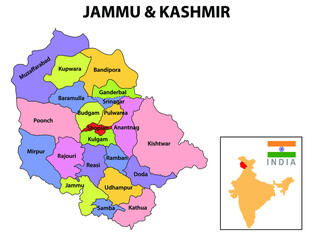 Poster - Jammu and Kashmir map. District map of Jammu and Kashmir in 2020. District map of Jammu and Kashmir in color with capital.