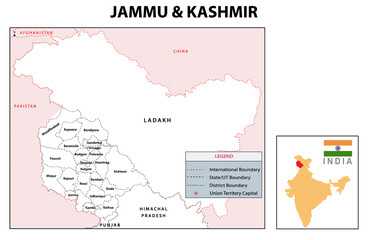 Poster - Outline map of Jammu and Kashmir.  Jammu and Kashmir administrative and political map. Jammu and Kashmir map with neighboring countries and border in white color.