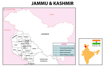 Poster - Outline map of Jammu and Kashmir.  Jammu and Kashmir administrative and political map. Jammu and Kashmir map with neighboring countries and border in white color.