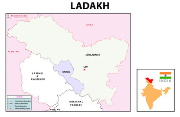 Poster - Ladakh map. Ladakh administrative and political map. Ladakh map with neighboring countries and border.