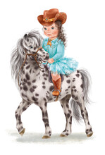 Curly Cute Little Girl Cowboy Riding A Dapple Grey Horse. Rider Wearing Hat, Jeans  Jacket And Cowboy Boots With Spurs. Good For Print, Postcards, Posters