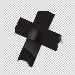 Cross ade of two pieces of black electrical tape isolated on white background. Vector realistic duct or masking tape parts