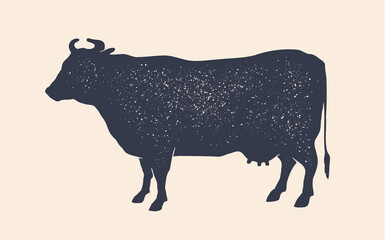 Cow silhouette. Vintage retro print cow silhouette