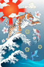 Abstract Art Tiger Jumping On The Torrential Wave With A Bunch Of Clouds With Scattering Sakura Flower With Carp KOI Fish Below On Water Wave Pattern Template Design For Wrapping Paper