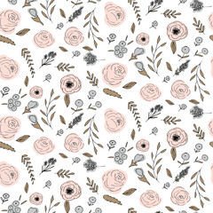 Poster - Floral vector seamless pattern with  flowers and leaves. Beautiful hand drawn flowers in  light pastel colors in vintage style.