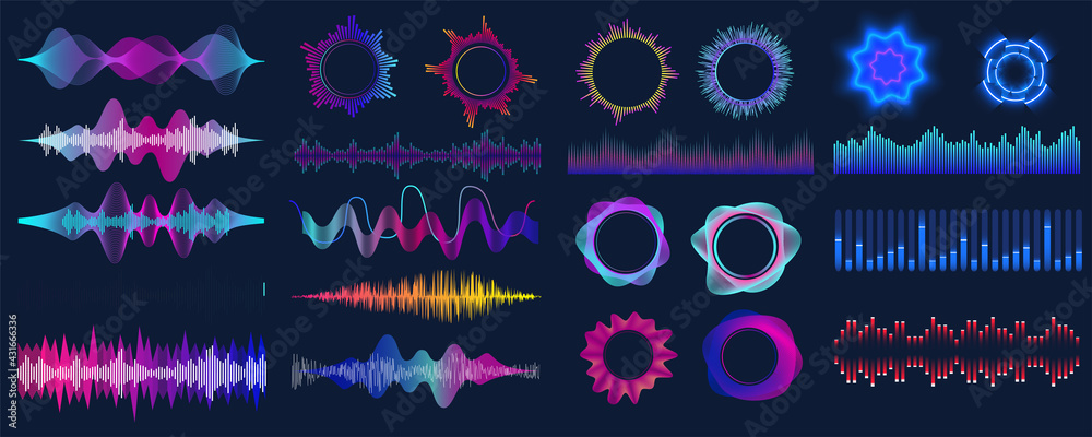 Colorful sound waves. Audio signal wave, color gradient music waveforms ...