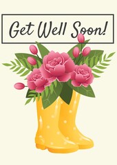 Wall Mural - Composition of get well soon message and pink flowers in orange wellington boots on cream background