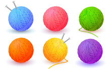 Different Color Balls Of Yarn Threads. Bundles Of Wool For Knitting Isolated On White Background. Realistic Detailed Colored Yarn Balls With Knitting Needles. Skeins Of Wool. Vector Illustration EPS10