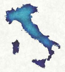 Italy map with drawn lines and blue watercolor illustration