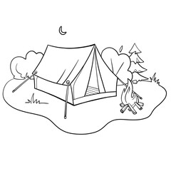 camping tent in the forest raster linear illustration on white background. rest in the forest, hikin
