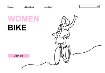 One continuous line drawing of a girl riding bicycle. Young woman with long hair ride her bicycle. Healthy lifestyle theme isolated on white background. Vector minimalist design for web banner