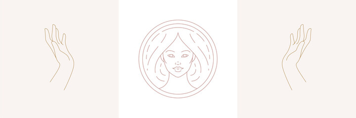 Wall Mural - magic woman with hairstyle and praying female hands gestures in boho linear style vector illustratio