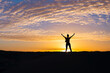 Silhouette of a confident young woman standing in the sunset, arms raised. Power pose.