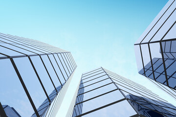Aufkleber - Low angle view of futuristic architecture, Skyscraper of corporate office building with glass window, 3D rendering.