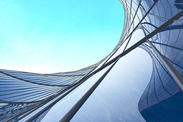 Aufkleber - Low angle view of futuristic architecture, Skyscraper of office building with curve glass window, 3D rendering.