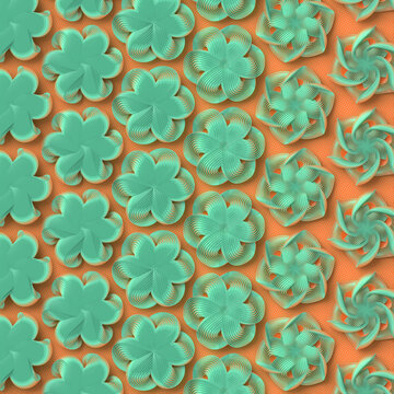 Multi colored geometric stylized flowers abstract 3d render art background. Trendy design element. Digital illustration