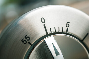 Poster - 0 Minutes - Macro Of An Analog Metal Timer On A Wooden Floor