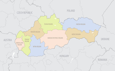 Detailed location map of Slovakia in Europe with administrative divisions of the country, vector illustration