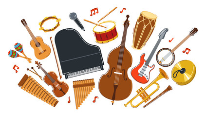 Poster - Music orchestra diverse instruments vector flat illustration isolated on white background, live sound concert or festival, musical band or orchestra playing and singing songs.