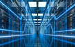 Server racks in computer network security server room data center, 3d rendering.