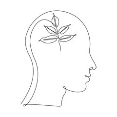 Poster - Plant leaves in Human head in one line drawing. Concept of ecology idea, clean mind, self development and successful mindset. Abstract Vector illustration isolated on white background