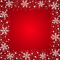 Wall Mural - Snow border frost frame. Christmas texture, isolated on red background. Snowflake abstract effect. Holiday border, silver glitter. Blizzard design. Winter snow fall decoration Vector illustration