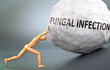 Fungal infection and painful human condition, pictured as a wooden human figure pushing heavy weight to show how hard it can be to deal with Fungal infection in human life, 3d illustration