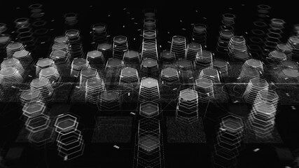 Poster - Futuristic animation with hexagons. Animation. Many 3d hexagons in cyberspace form texture. Hexagons moving and forming into textures