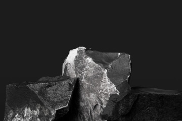 Aufkleber - Black and white textured rocks, rough stone blocks pedestal, abstract platform dark background 3d rendering
