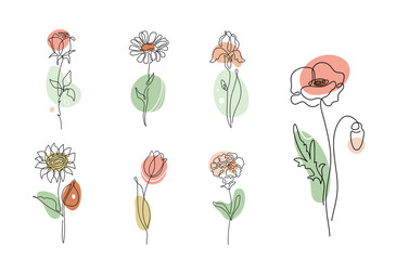 Poster - Flowers vector set illustration in simple minimal continuous outline line style. Nature blossom art for floral botanical logo design. Isolated on white background