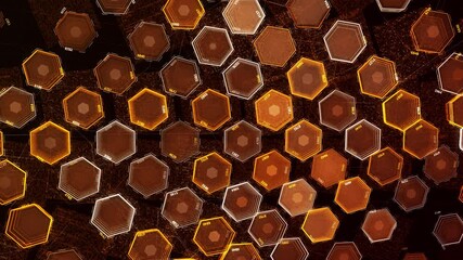 Poster - Structure of luminous hexagons. Animation. Colored neon hexagons pulse on black background. Futuristic three-dimensional hexagon background