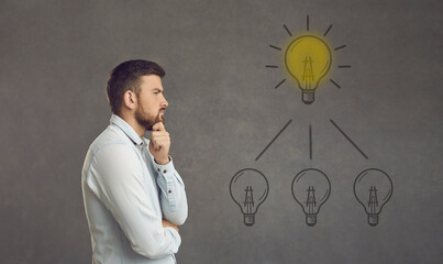 Thinking adult caucasian man try to find idea or problem solution profile photo. Thoughtful bearded business man brainstorming touching chin. Studio wall with drawn light bulb lamp on wall