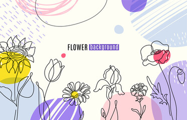 Wall Mural - Flower vector background with one line floral plants, abstract geometric shapes and colors in trendy simple modern style. Spring summer frame with empty copy space at the centre for text